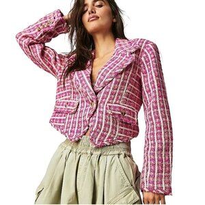 Free People Cassius Cropped Blazer Pink Tweed Raw Hems Oversized Relaxed Size S